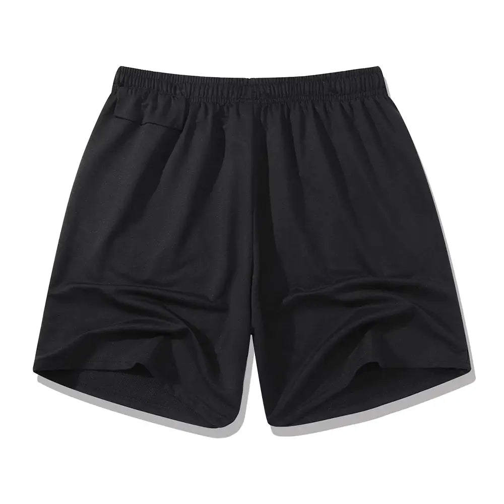 Men's black workout shorts with quick-dry fabric and zippered phone pockets