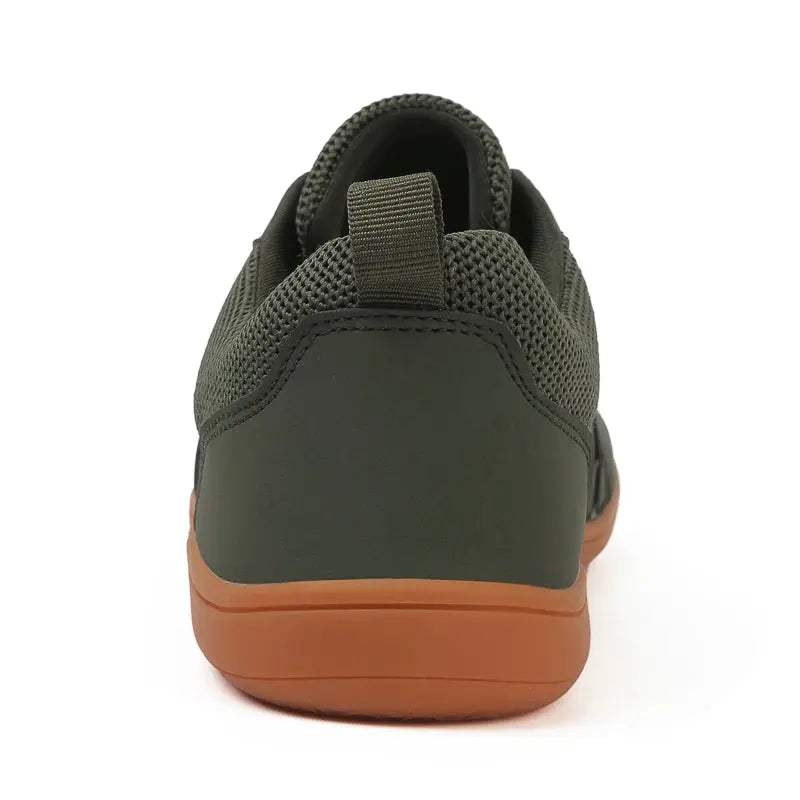 Simples Market wide-toed casual sports shoes, olive green mesh upper with tan rubber sole.
