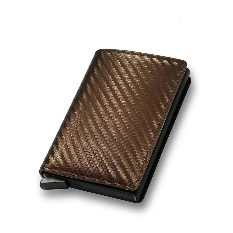 RFID card holder wallet in brown textured carbon-fiber pattern with slim minimalist design