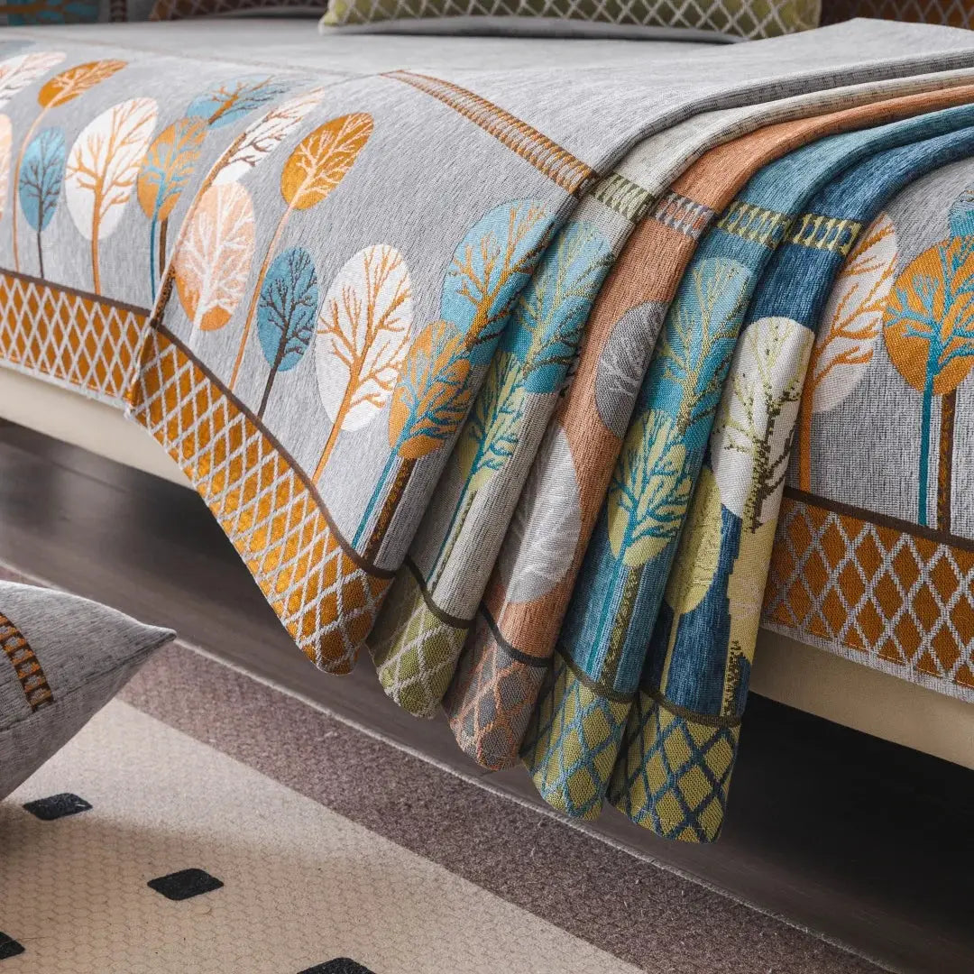 Boho Full Moon Tree Jacquard Chenille sofa cover in orange/teal multicolor; anti-slip couch protector by Simples Market