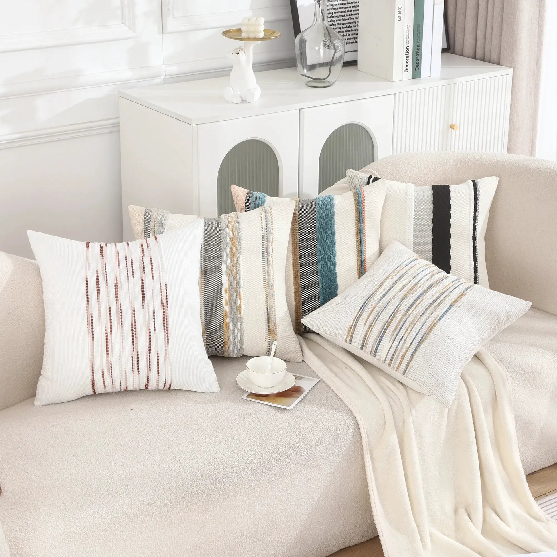 Pillow cover 18x18 inch Boho striped cream chenille cushion cover Simples Market