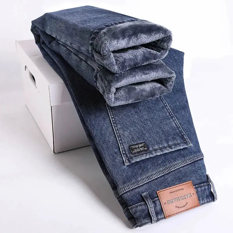 Winter fleece-lined jeans by Simples Market; blue denim, slim straight fit, plush warm interior