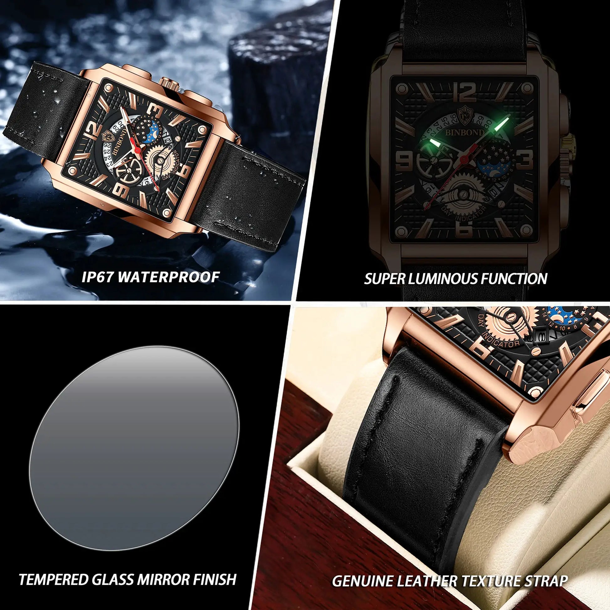 BINBOND Auto Date men's watch with rose-gold case and black genuine leather strap; waterproof and luminous dial.