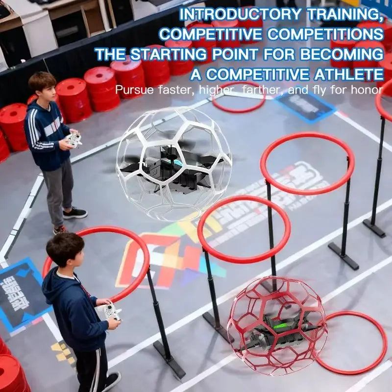 SG600 MAX 2.4G RC racing football drone with white protective cage; two drones (white and red) visible in gym.