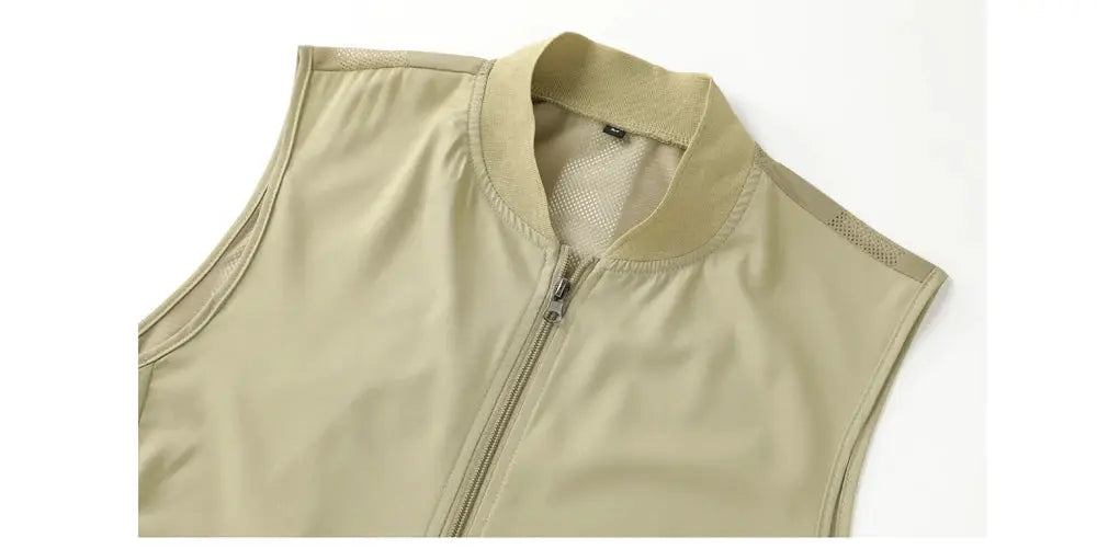 Simples Market men's mesh breathable khaki vest with front zipper, quick-dry sleeveless jacket