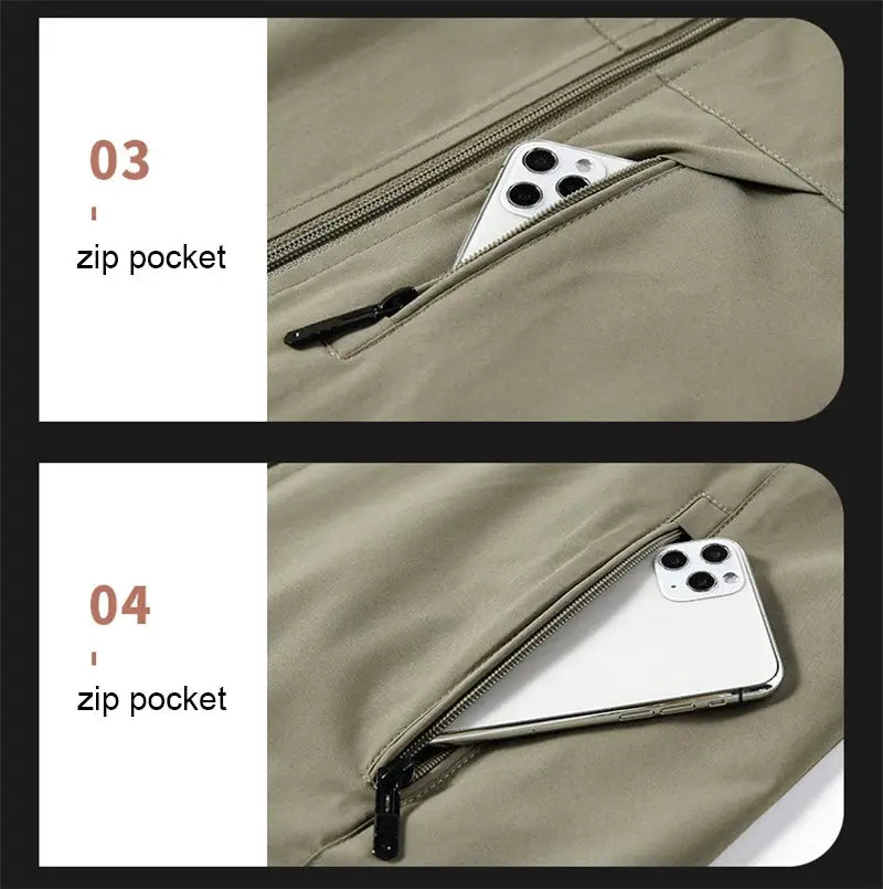 Men's beige windproof sleeveless vest with zip pockets; smartphone tucked into a zip pocket