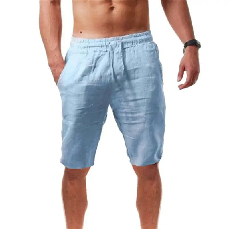Simples Market men's light-blue cotton shorts, breathable solid-color knee-length streetwear.