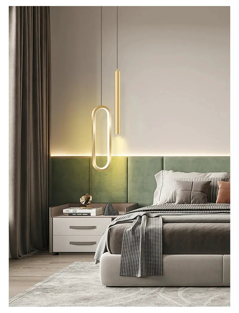 Nordic LED pendant light with oval loop and vertical gold pendant for bedroom bedside, Simples Market.