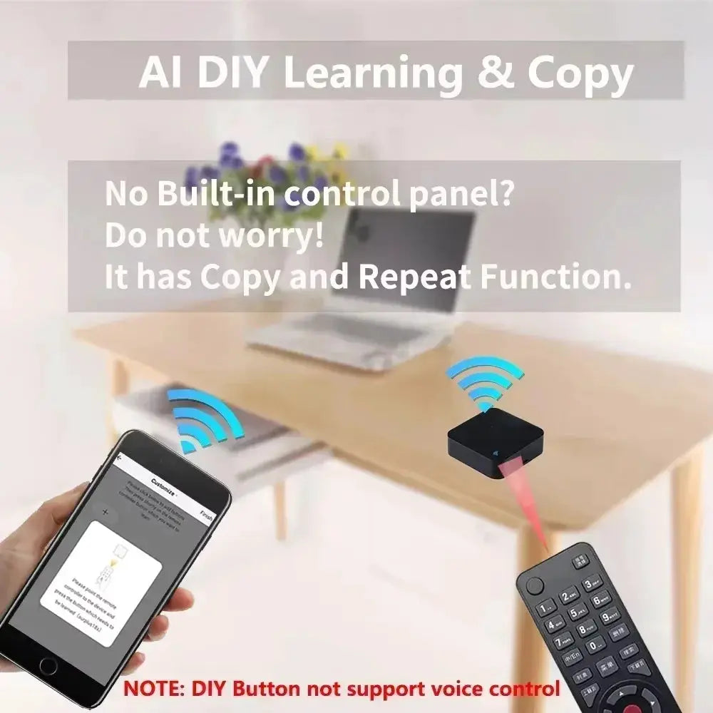 Tuya WiFi IR remote control with temperature humidity sensor; shown with a smartphone and remote (3 items)