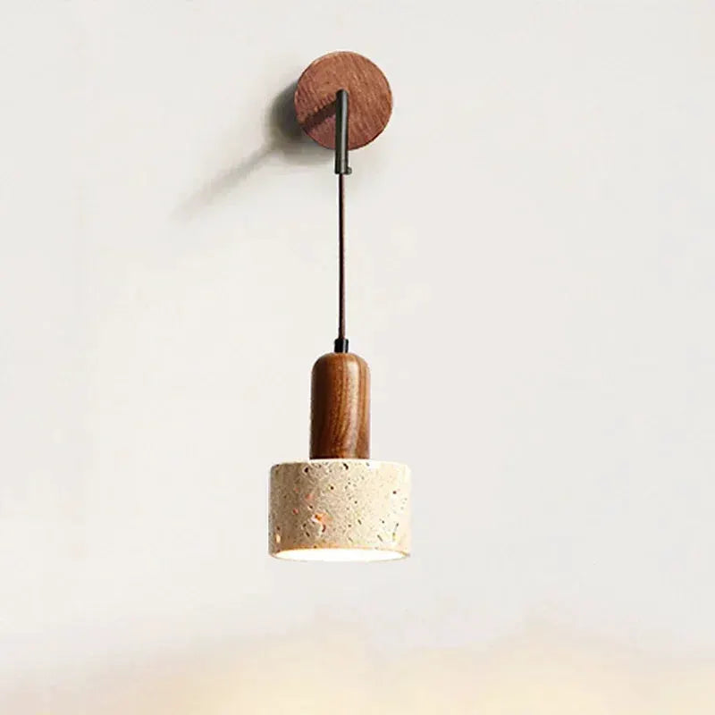 Wall lamp with natural stone cylinder shade and peach wood accents, LED bedside sconce