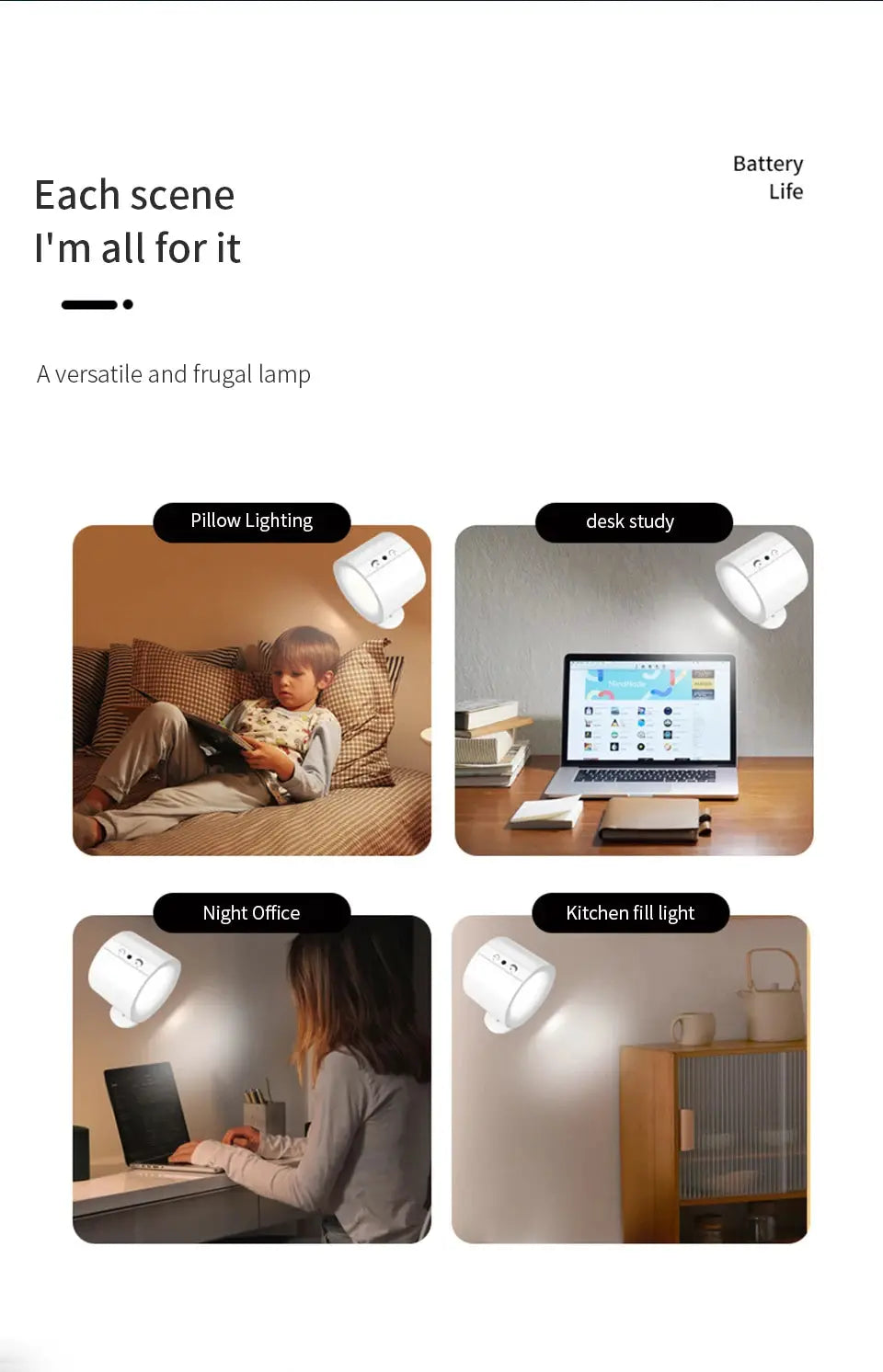 Simples Market LED wall sconce with double heads, touch control, 360° rotation, 3-color options; set of four lifestyle scenes.