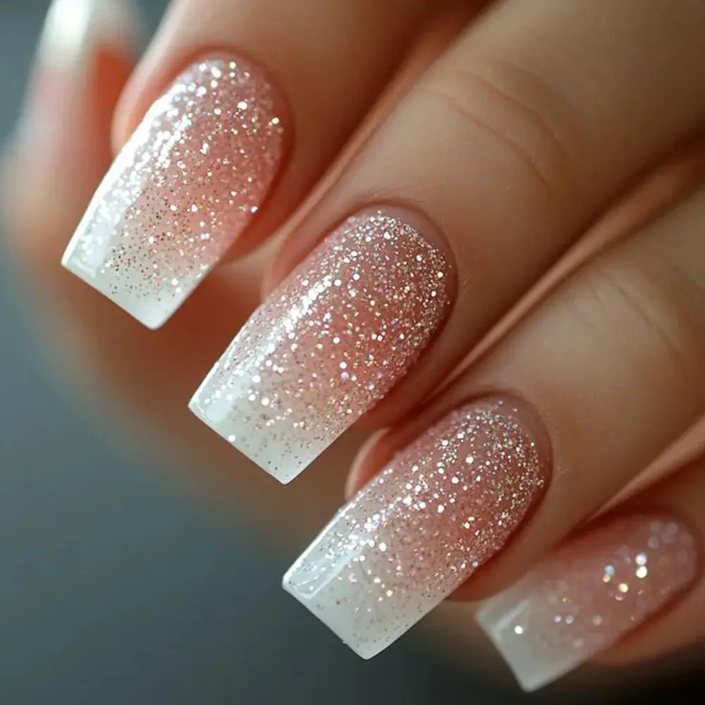 GlamNail Pro 24Pcs Short Square Coffin Press On Nails Set With Glue French Glitter Ballet Style