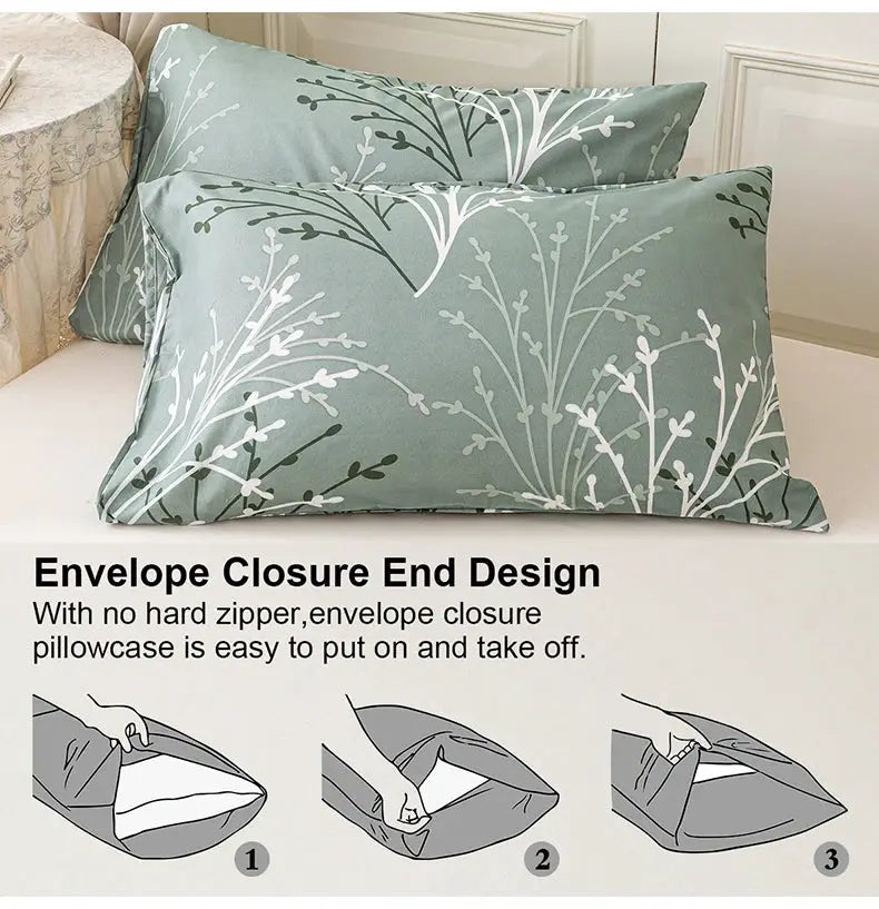 3-piece leaf floral duvet cover set in teal with white botanical pattern; includes 1 duvet cover and 2 pillowcases