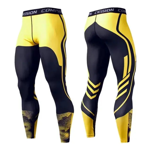 Pair of men's compression gym pants, yellow and black athletic tights with panel design.