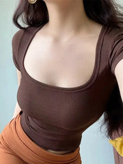 Womens Slim Fit Square Collar Crop Top High Stretch Short Sleeve Pullover Summer Blouse T Shirt For Layering
