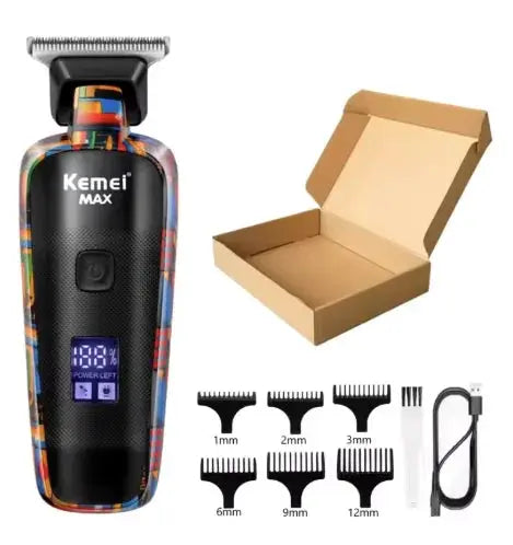 Kemei KM-MAX5090 electric hair clipper with graffiti pattern by Simples Market; includes 9 combs, USB cable