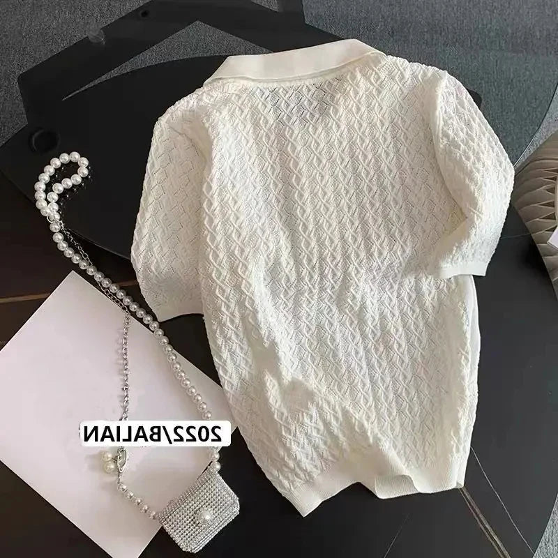 Ice Silk Polo Shirt Women Knitted Short Sleeve Jacquard Top Breathable
