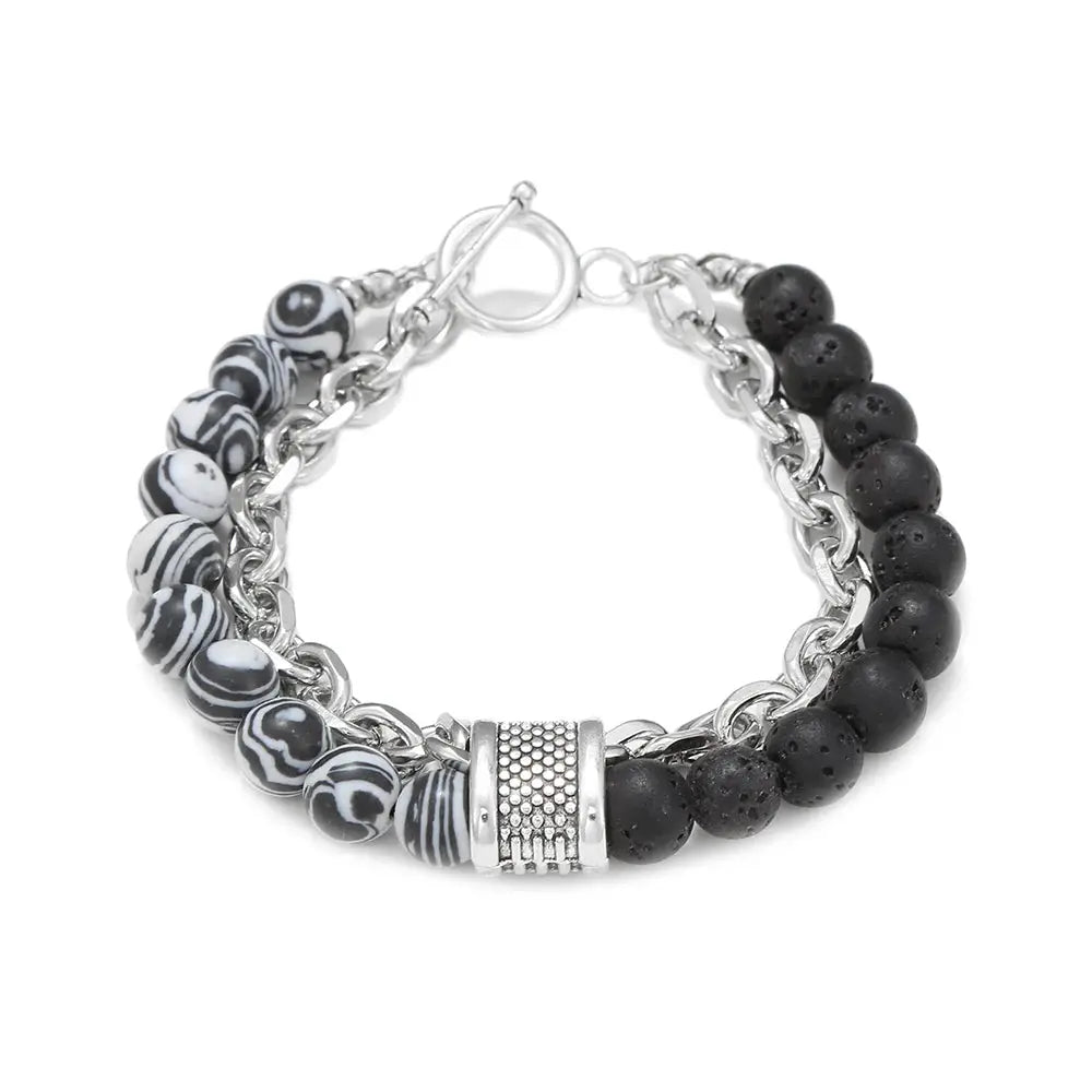 Fashion Punk Frosted Stone Chain Geometric Double Layer Beaded Bracelet Stainless Steel All Match Trend Accessory