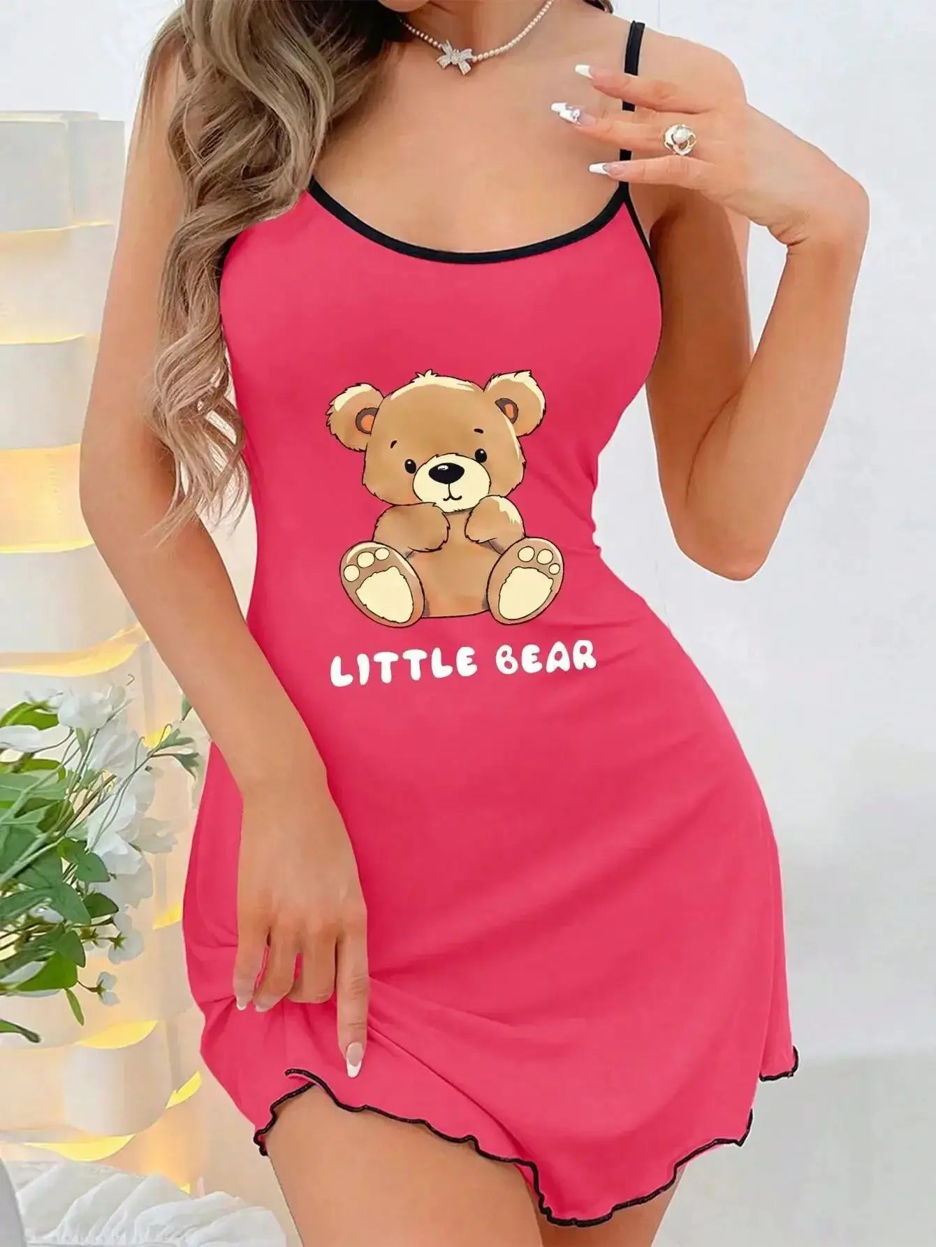 Little Bear Summer Suspenders Mini Dress for Women Sleepwear Lightweight Comfort Cartoon Bear Print