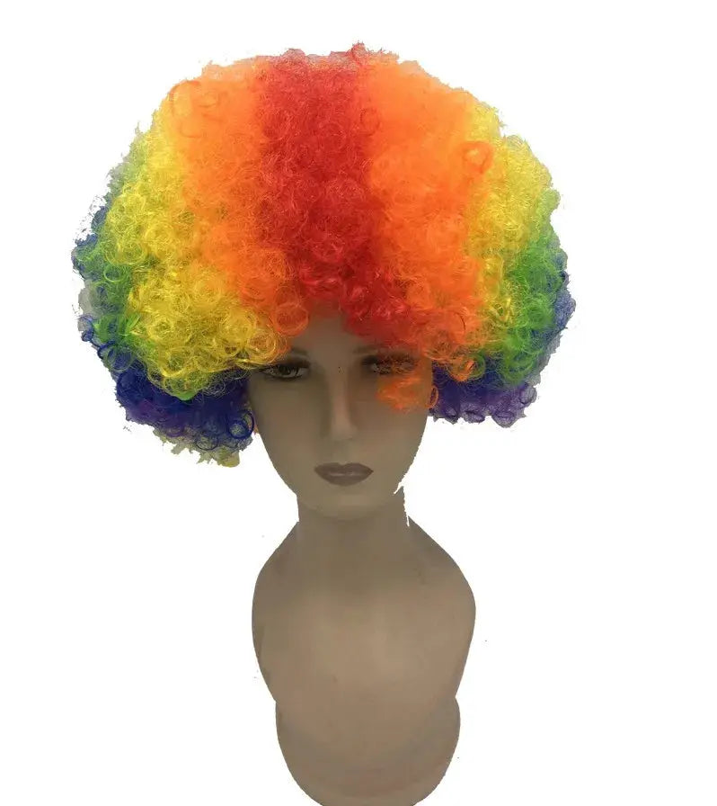Rainbow clown wig on mannequin head; curly, explosive-style party Halloween prop
