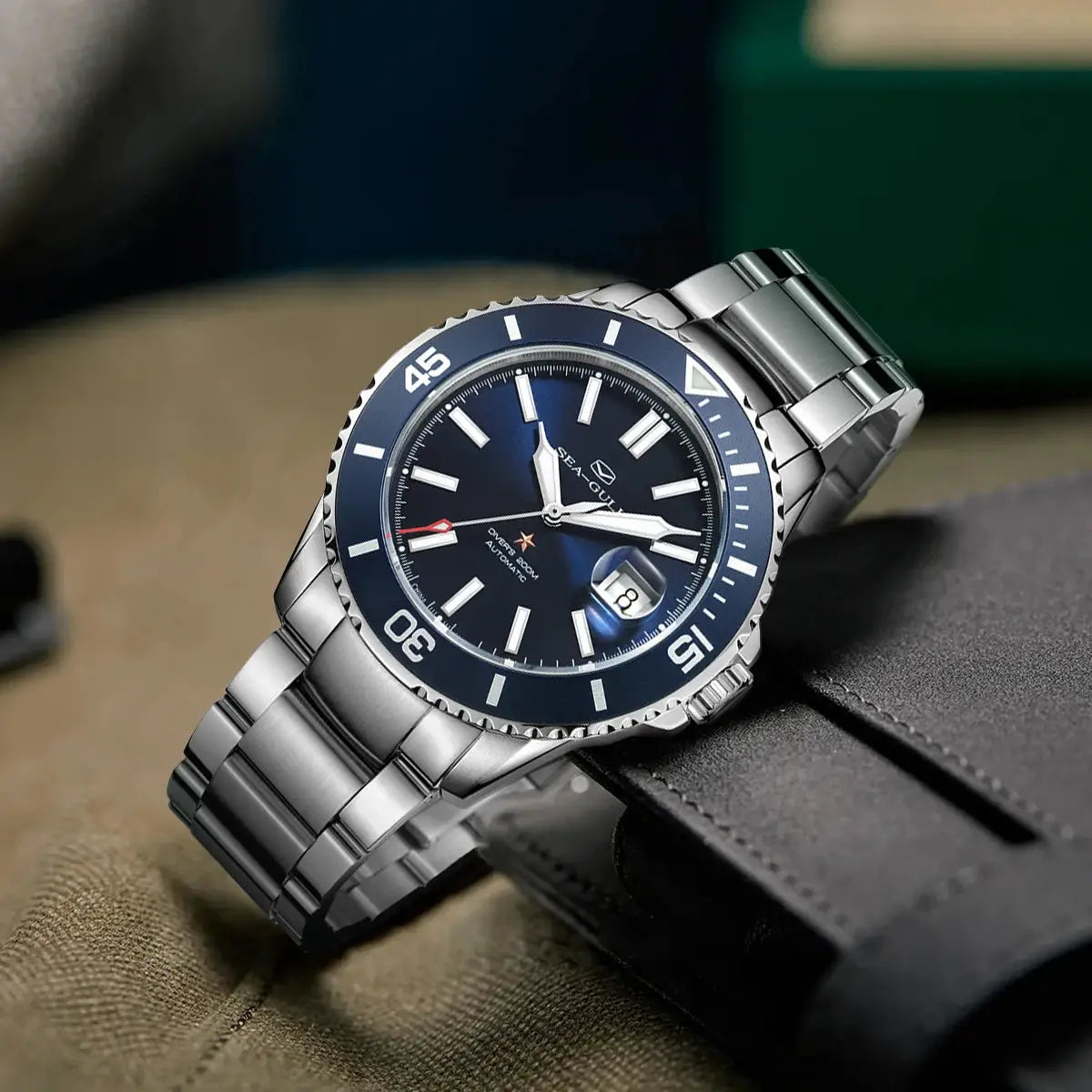 Seagull Relogio Masculino diving watch, blue dial, stainless steel bracelet, 200m water resistant, automatic