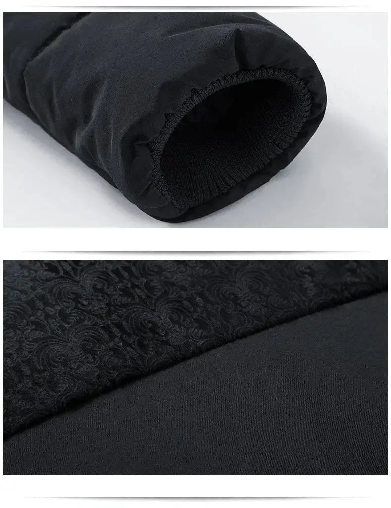 Men's puffer jacket by Simples Market, black thick padded coat with elastic cuffs and subtle jacquard panel
