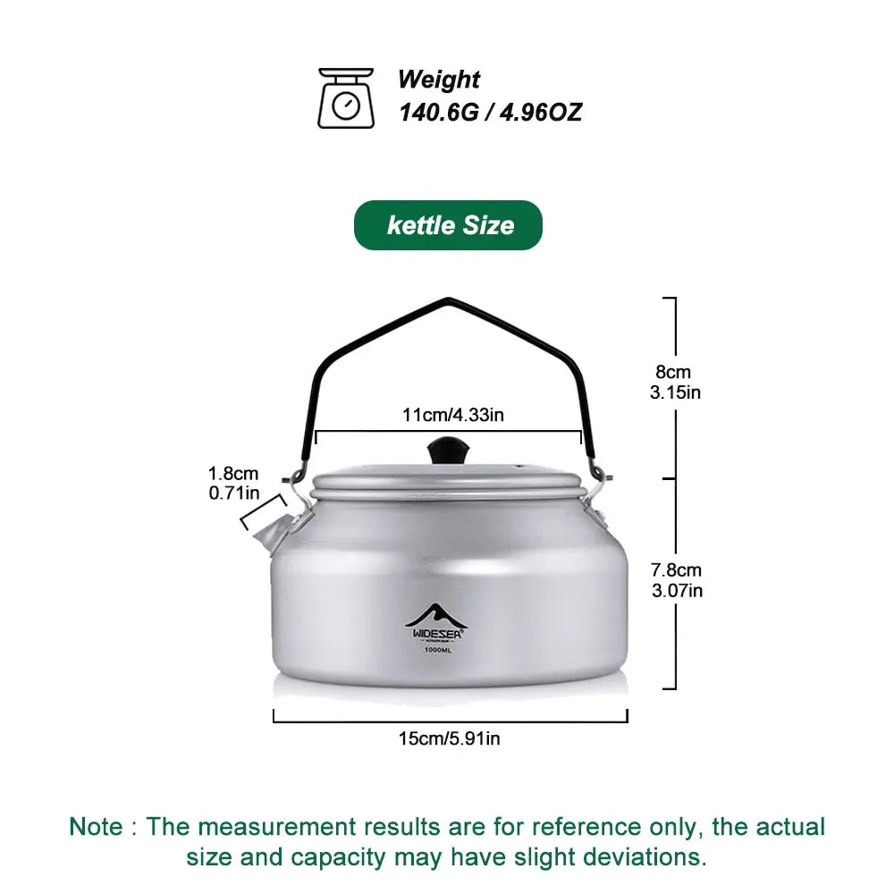 Widesea 1L Pure Aluminum Camping Kettle Portable Short Mouth Design With Removable Handle For Quick Boiling Outdoors