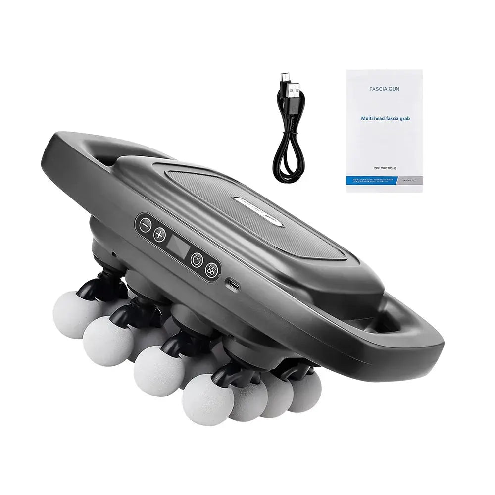 16-head fascia gun massage device in gray with USB cable and manual
