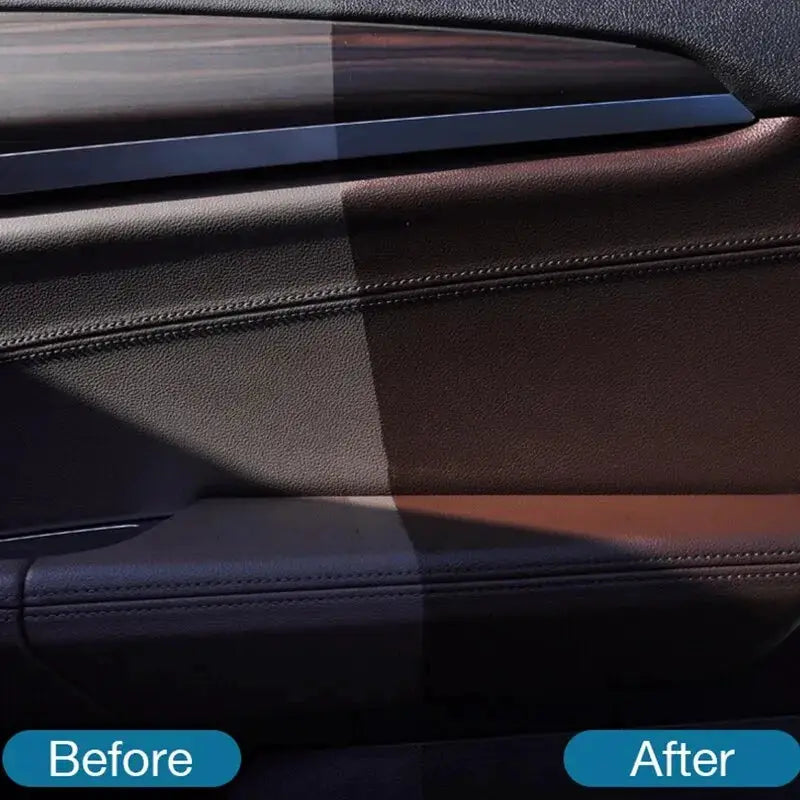 Plastic leather interior trim restorer for cars; before vs after on a dark brown door panel with wood trim.