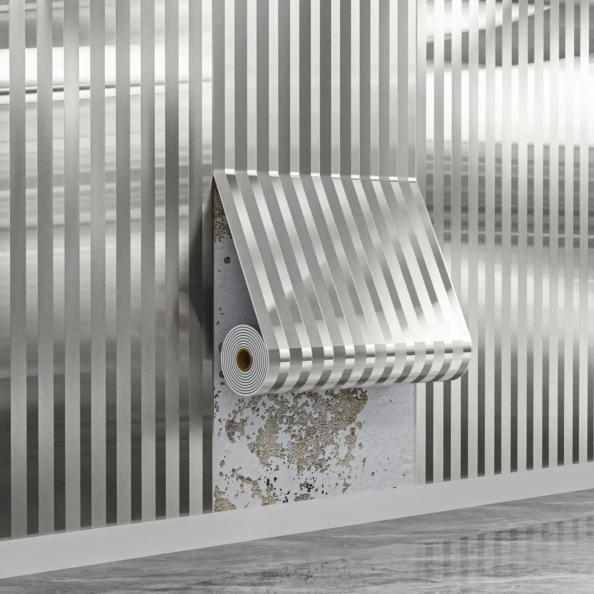 Simples Market peel-and-stick wallpaper roll with gray metallic stripes