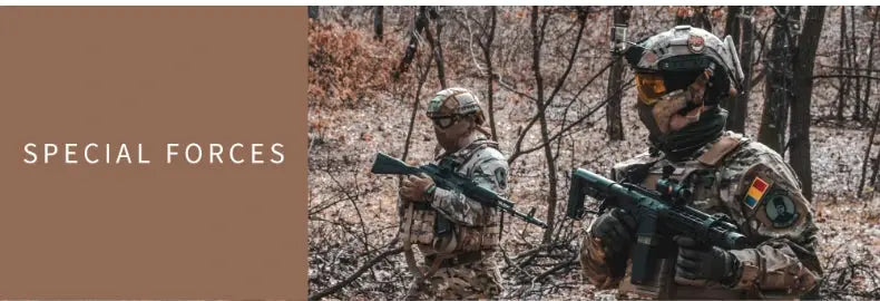 Two camouflaged soldiers in a forest, with a brown left panel reading SPECIAL FORCES.