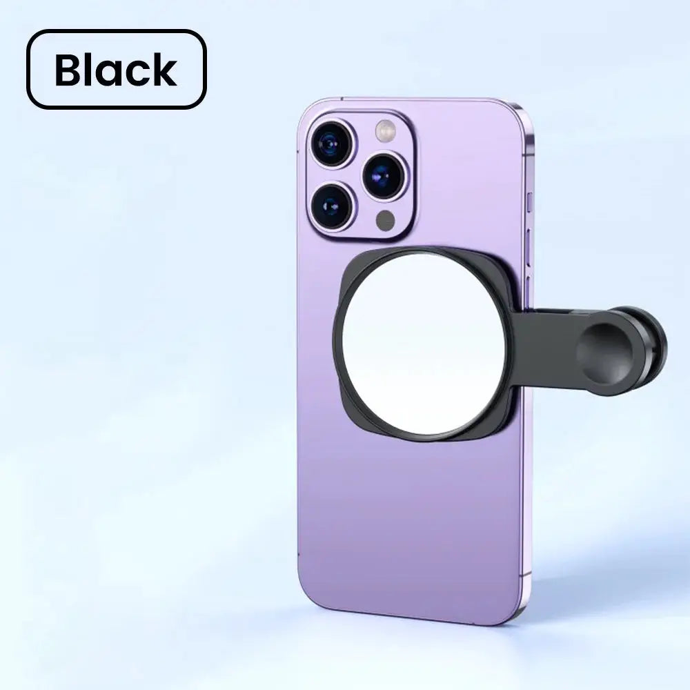 Smartphone camera lens selfie mirror clip kit in black attached to purple iPhone