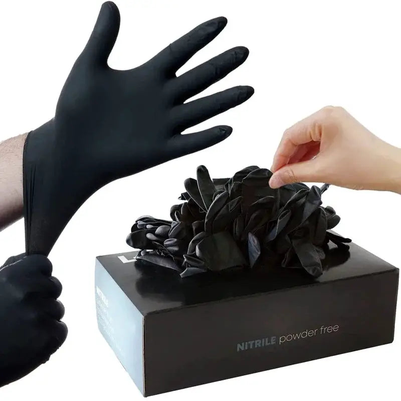 Simples Market black nitrile disposable gloves, powder-free and textured, shown being removed from a box