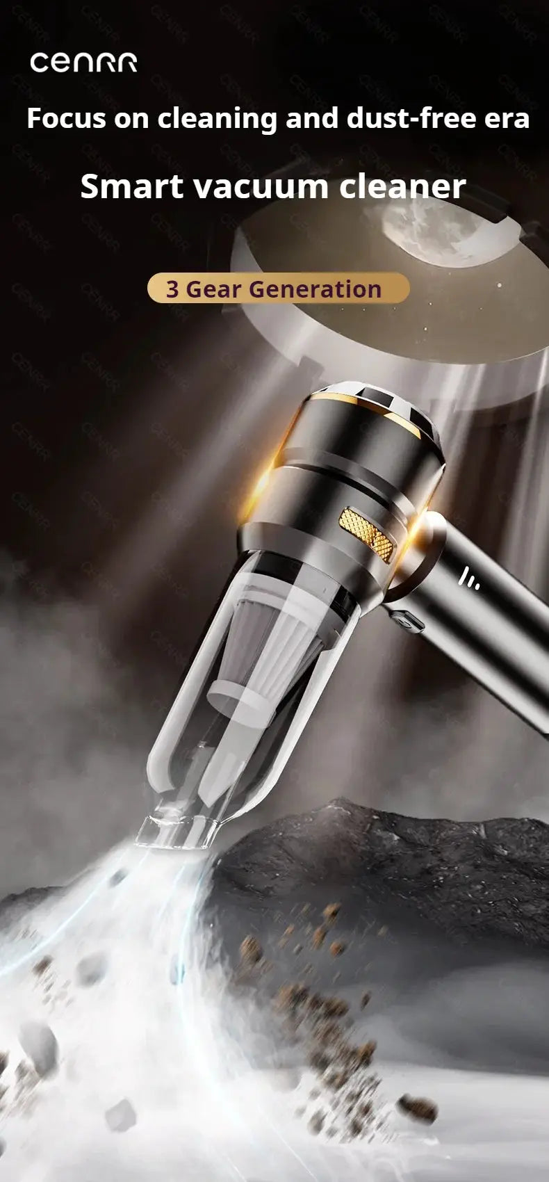CENRR car vacuum cleaner; portable wireless handheld with metallic body, transparent dustbin, 3 Gear Generation.