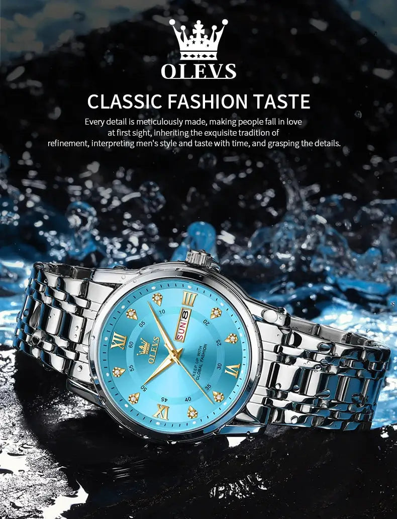 OLEVS men's quartz wristwatch with turquoise dial, diamond markers, stainless steel band, day/date display, waterproof.