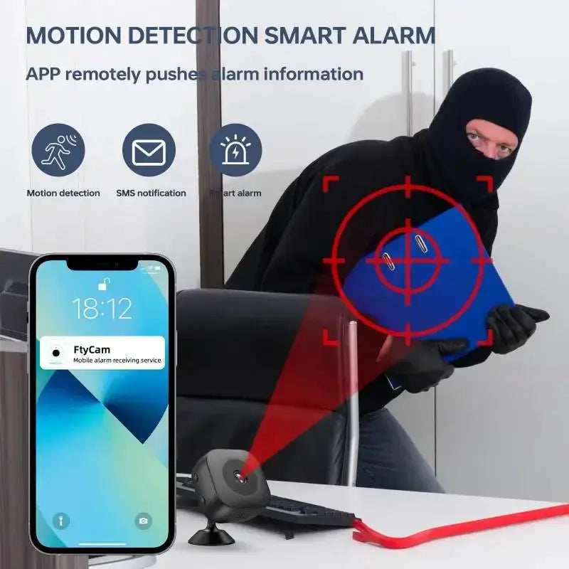 Black 4K Full HD mini security camera with WiFi app on phone; intruder detected under red crosshair overlay
