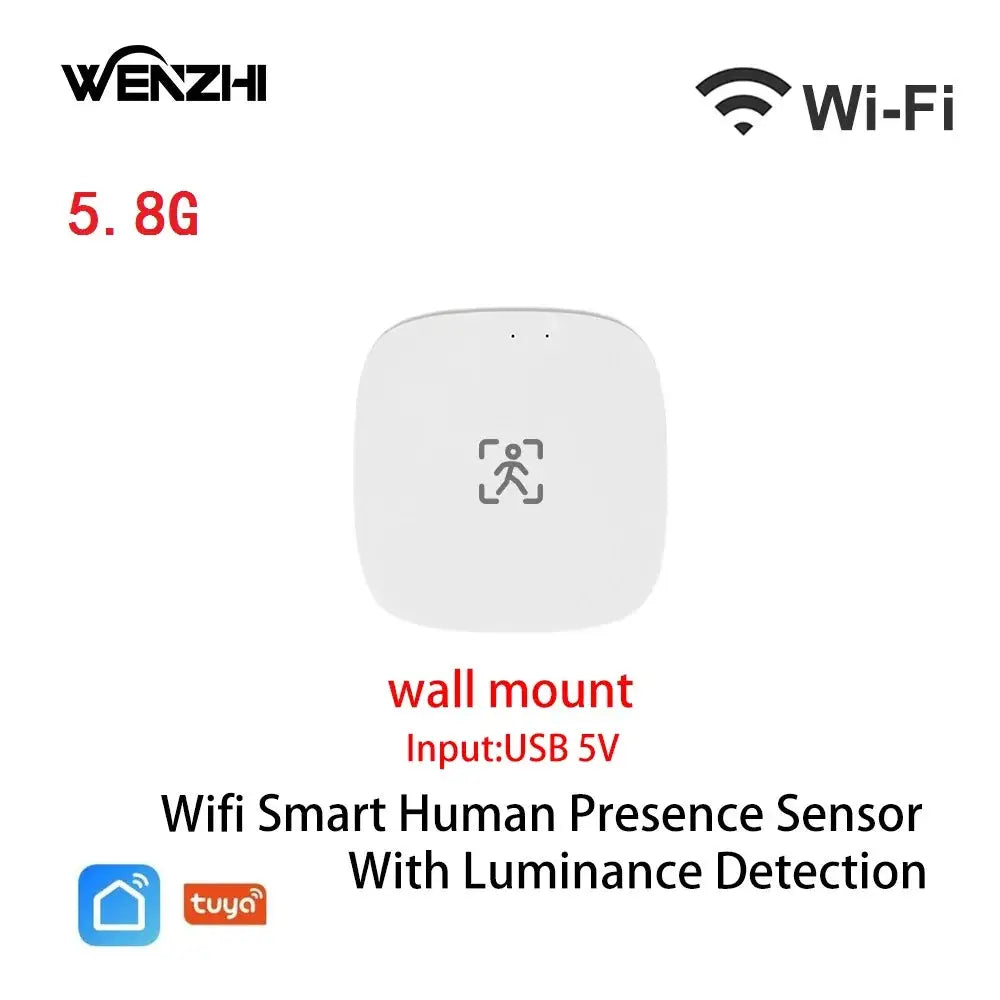 Wenzhi white wall-mount WiFi human presence sensor with luminance detection, USB 5V input