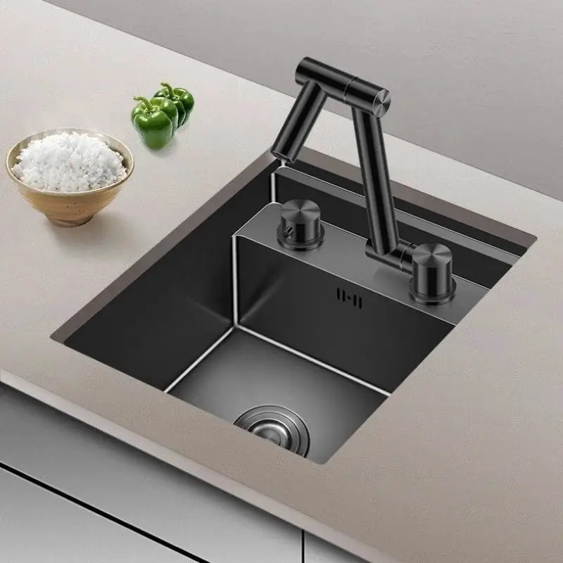 304 stainless steel bar kitchen sink with tall matte-black faucet, single-bowl design