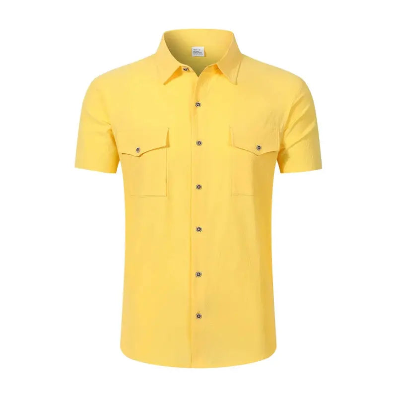 Simples Market men's yellow linen short-sleeve button-up shirt with lapel collar and double chest pockets