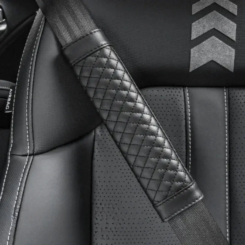 Black quilted leather car seat belt shoulder cover with non-slip grip