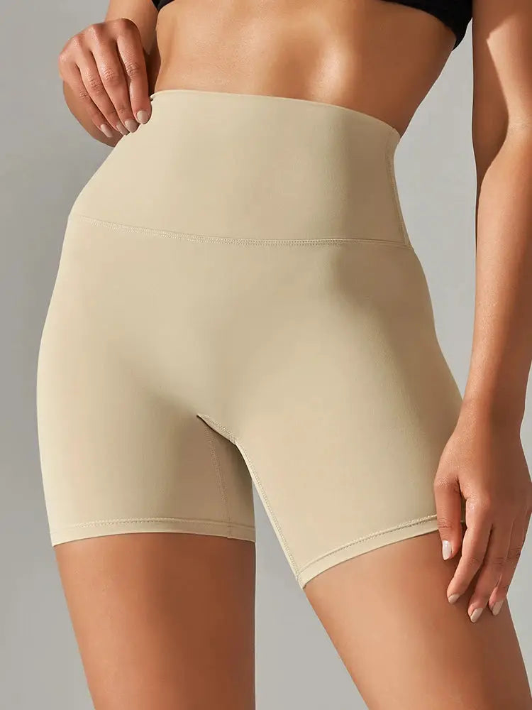 Simples Market women high-waist yoga shorts, beige, quick-dry fabric, squat-proof