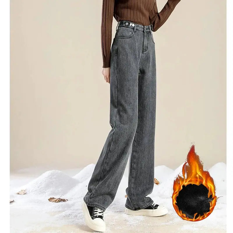 Winter Plush Thermal High Waist Jeans For Women Fleece Lined Pants