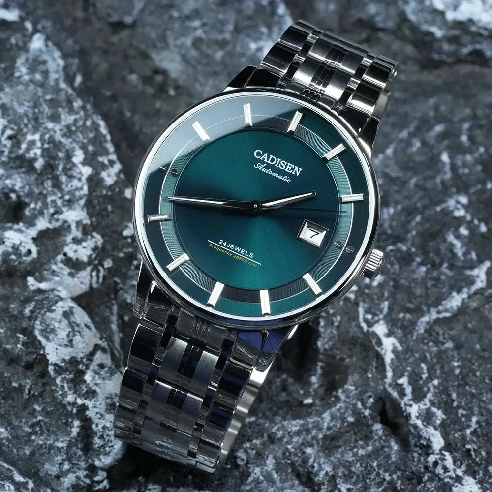 CADISEN automatic wristwatch with stainless steel bracelet, teal dial, date window