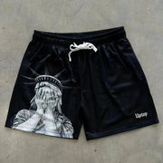 Men's black Statue of Liberty print drawstring shorts, breathable casual wear with UpTop logo
