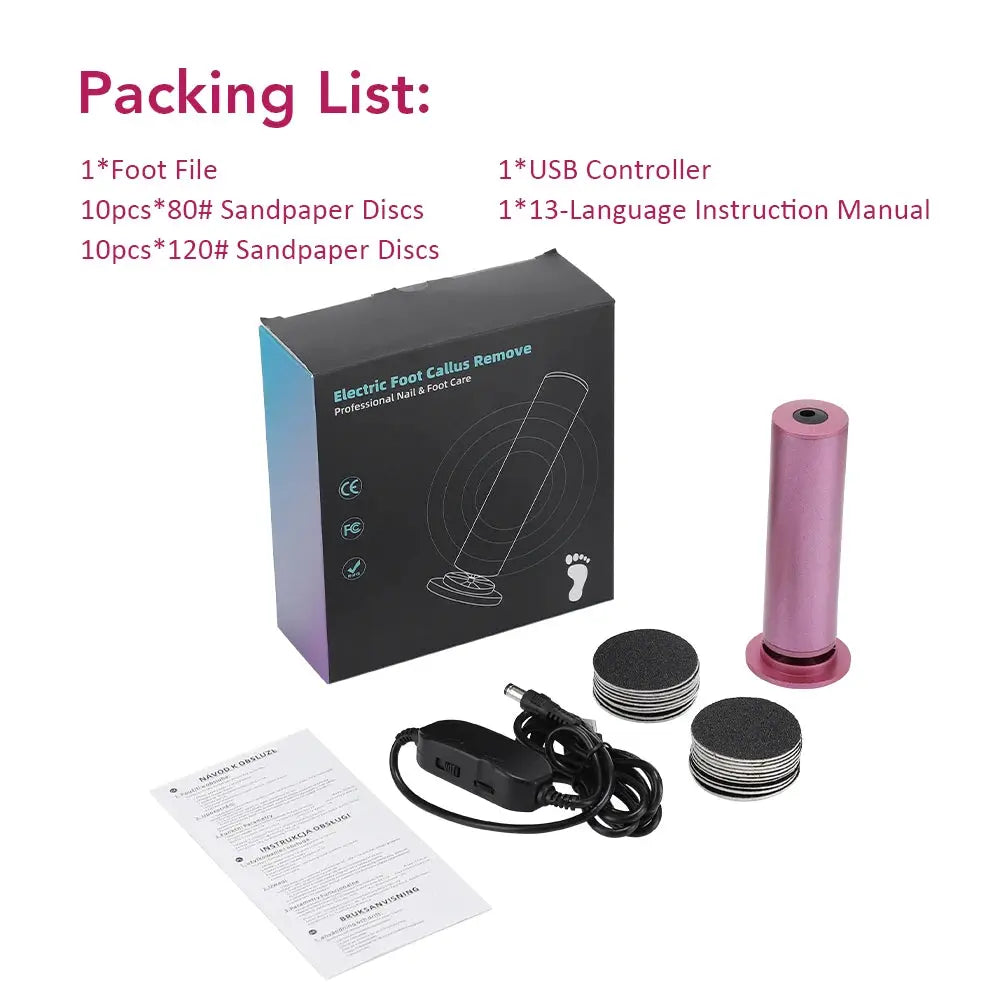 Simples Market electric foot callus remover kit with pink handheld grinder and two replacement sandpaper discs.