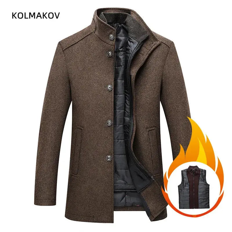 Men's brown wool trench coat by KOLMAKOV with quilted lining, stand collar, and button front.