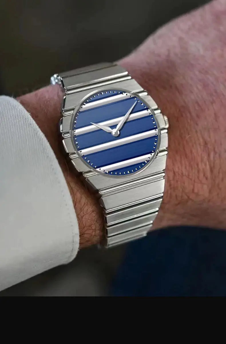 Men's stainless steel watch with blue dial and white stripes on a silver bracelet