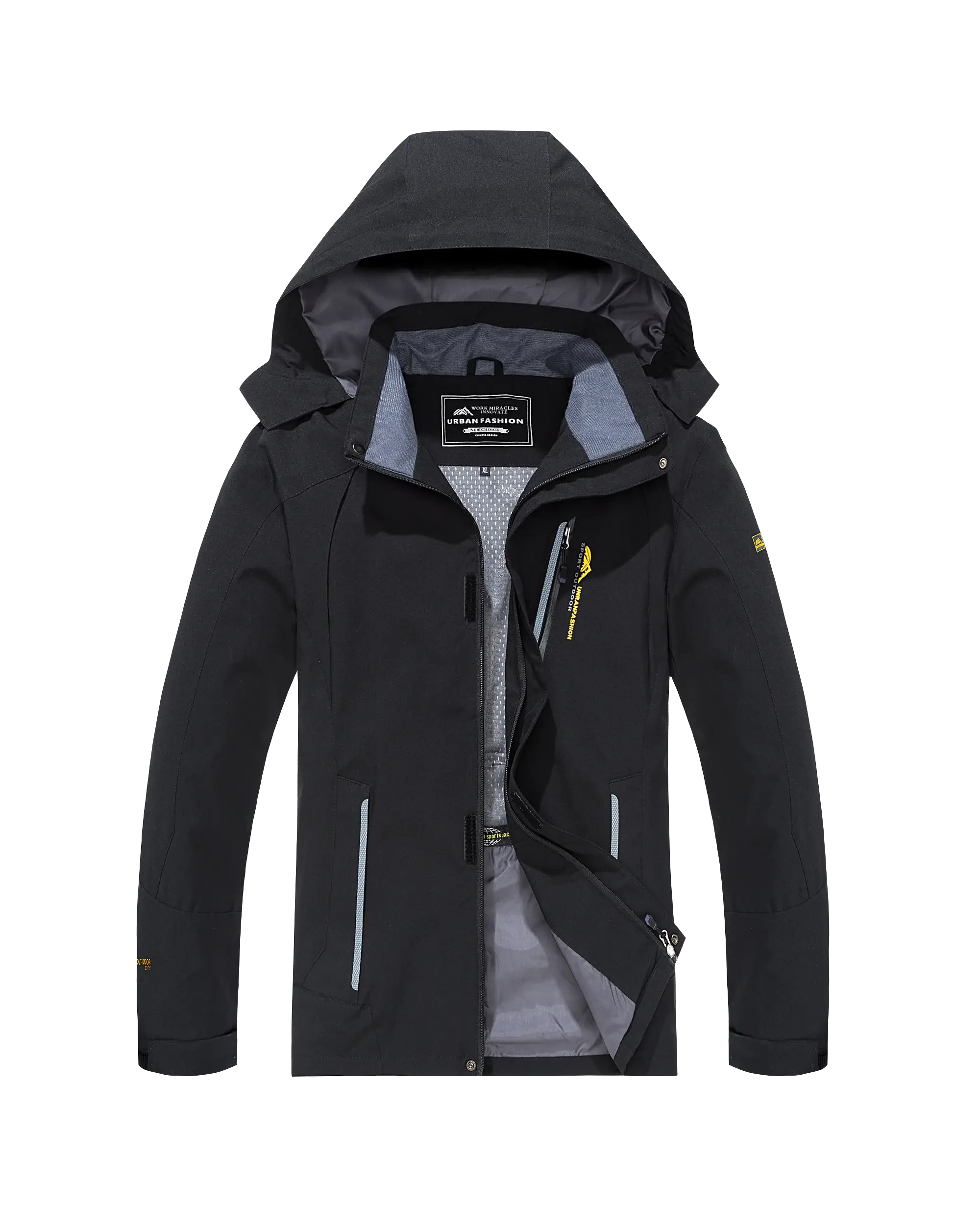 Men's waterproof hiking jacket, large size, black hooded windproof shell by Simples Market for outdoor use
