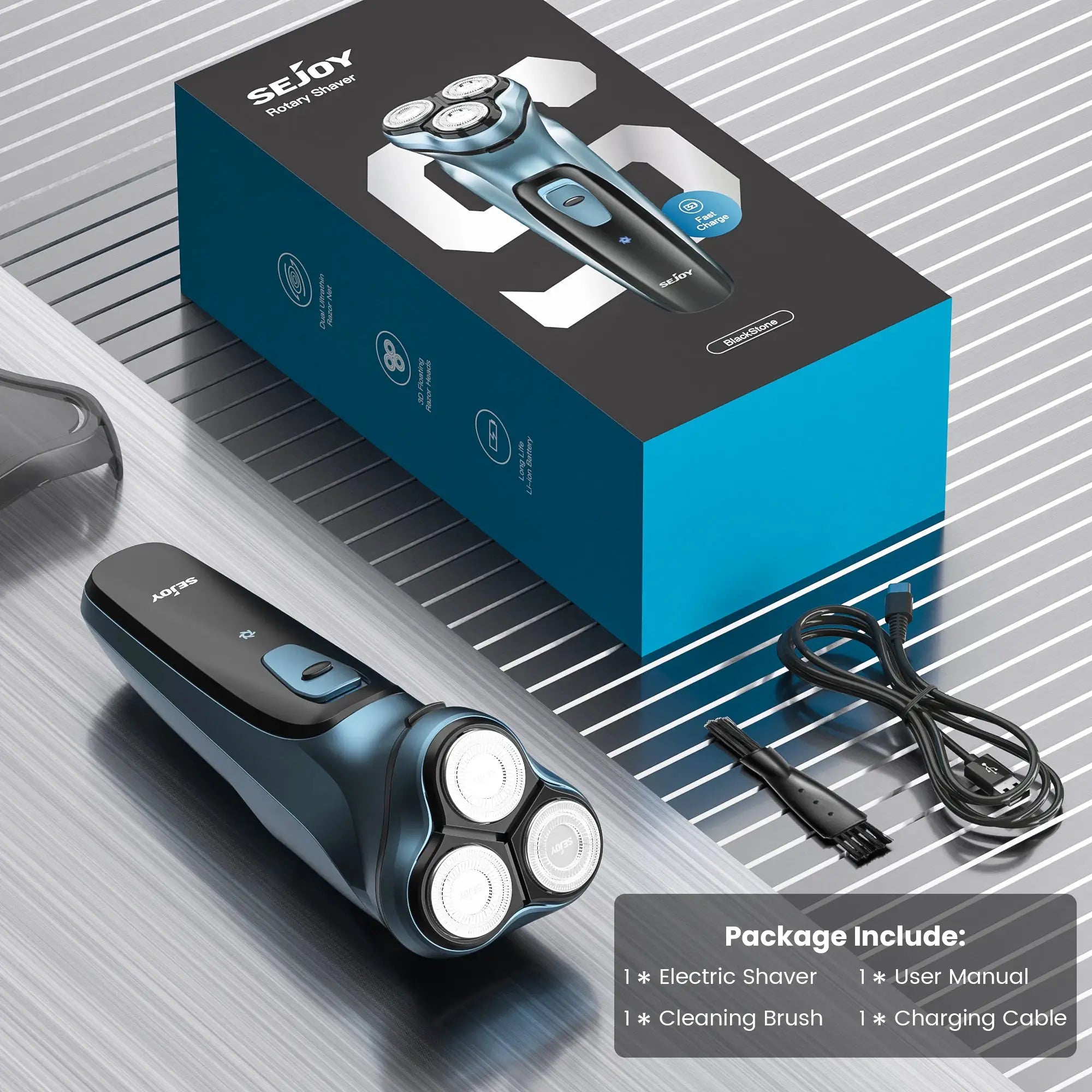 Sejoy rotary electric shaver for men in blue and black on dark gray packaging box