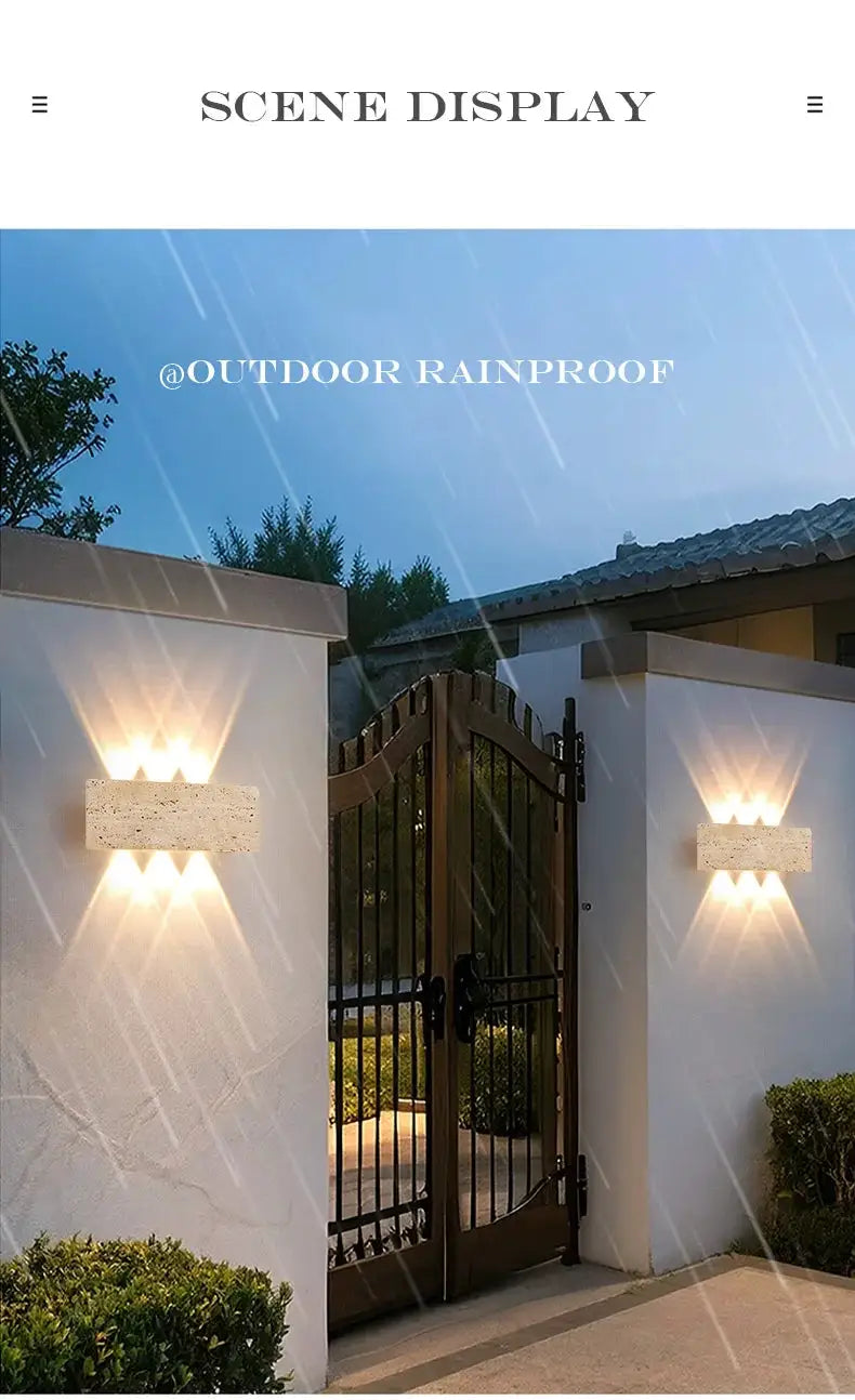Outdoor wall lamp pair, natural stone finish, 12W LED, waterproof exterior lighting
